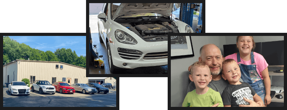 3 decorative photos depicting a car, the Quality Import Service building, and the owners